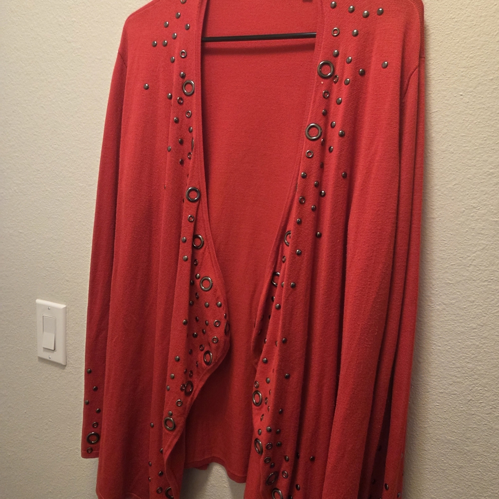 Chic Red Women's Cardigan with Metal Details